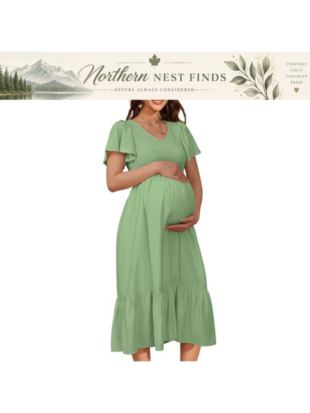 II ININ Women's Midi A-Line Smocked Dress V-Neck Short Sleeve